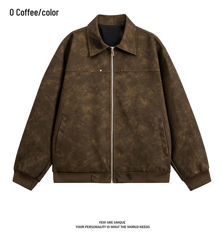 Men's Retro Leather Baseball Jacket - Spring & Autumn Casual Lapel Coat, Youth Fashion, Windproof and Versatile.