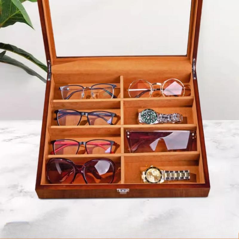 Walnut Wooden Glasses Case, Large Capacity Sunglasses & Watch Storage Box with Display Window for Travel and Home