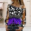 Plus Size Women Diagonal Shoulder Long Sleeve Top Boho Tropical Blossom Print Mesh Lace Splicing Blouse