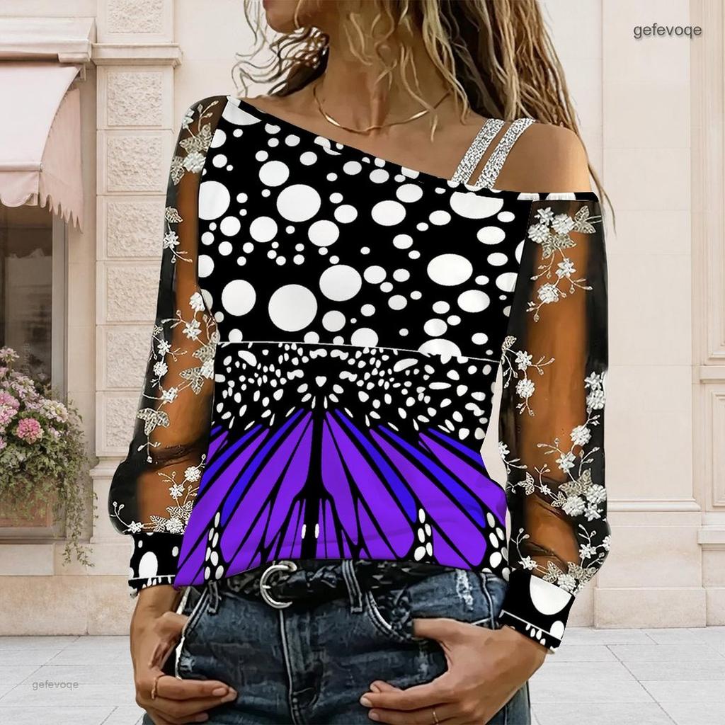 Plus Size Women Diagonal Shoulder Long Sleeve Top Boho Tropical Blossom Print Mesh Lace Splicing Blouse