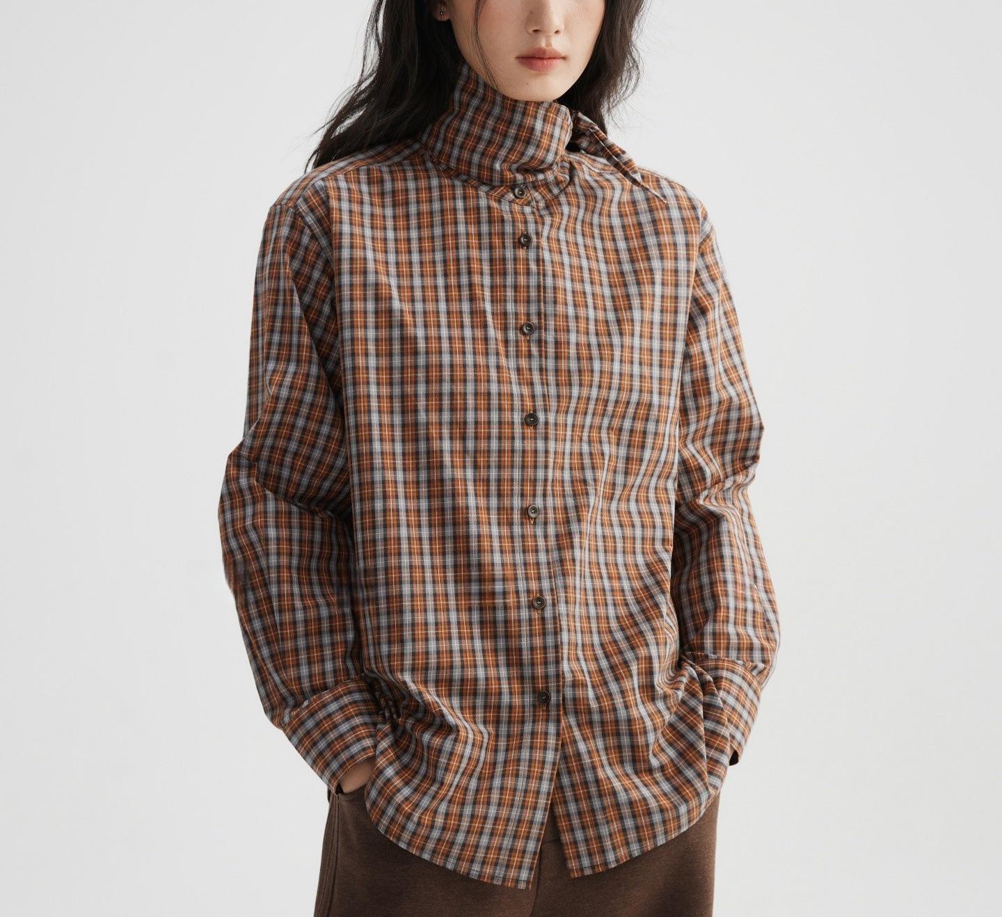 

Rural Style Retro Caramel Brown Plaid Stand Collar Tie-Up Oversized Shirt Large каштановый