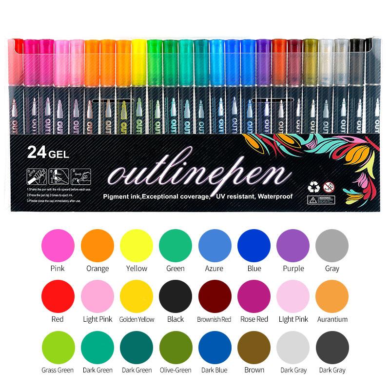 24 Color Double Line Outline Art Pen Marker Pen DIY Graffiti Outline Marker Pen Highlighter Scrapbook Diary Poster Card