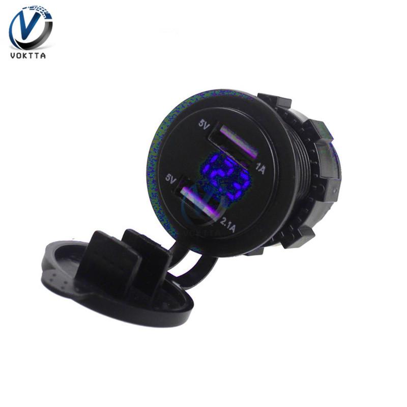 Car Charger Dual USB Port Multifunction LED Digital Display Voltmeter Waterproof Mobile Phone Smart Charging Socket Adapter