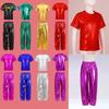 Kids Dance Party Sets Girls Boys Short Sleeve Metallic Shiny T-shirt with Pants Outfits Jazz Modern Hip Hop Performance Costume