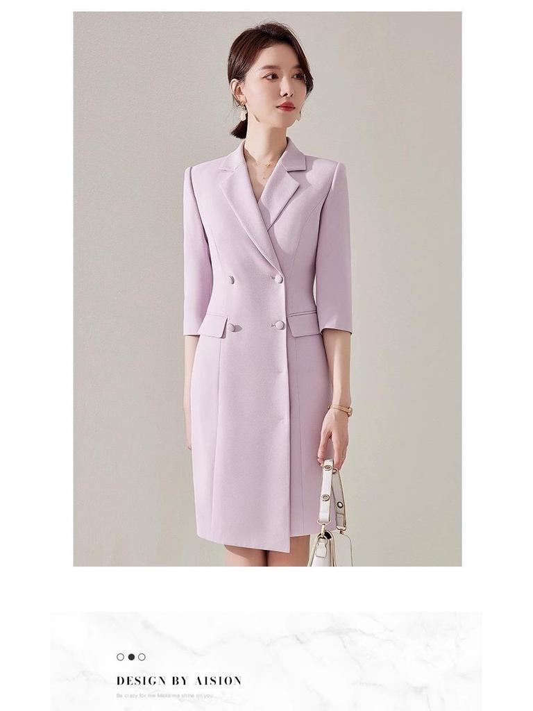 Spring/Summer White Double-Breasted Midi Dress with Suit Collar and Formal Workwear Elegance