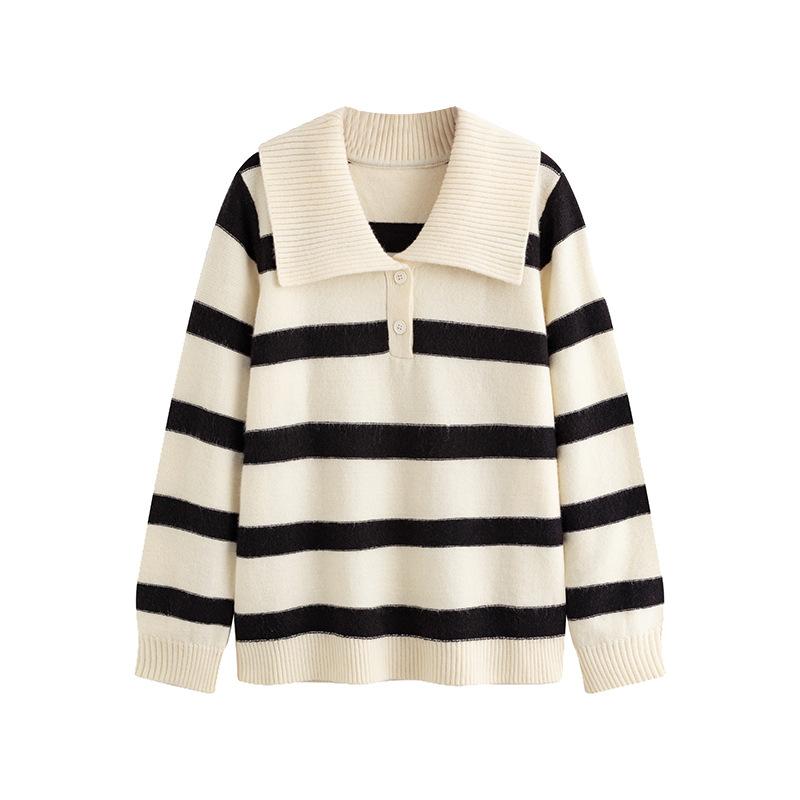 Women's Plus Size Lapel Long Sleeve Striped Shirt Autumn and Winter Loose Knitwear