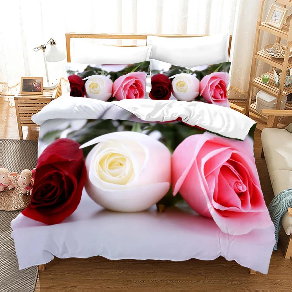 Rose Polyester Påslakanset King Full Size Röd Blomma Blommor 3D-tryckt Romantiskt För Flickor Kvinnor Par Älskare Sängklädesset