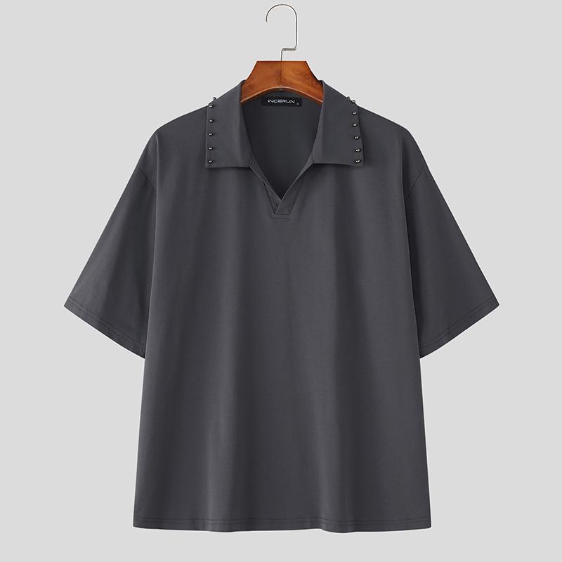 

INCERUN Men Casual Turn-down Collar Short Sleeve Solid Color T-shirts 5XL серый