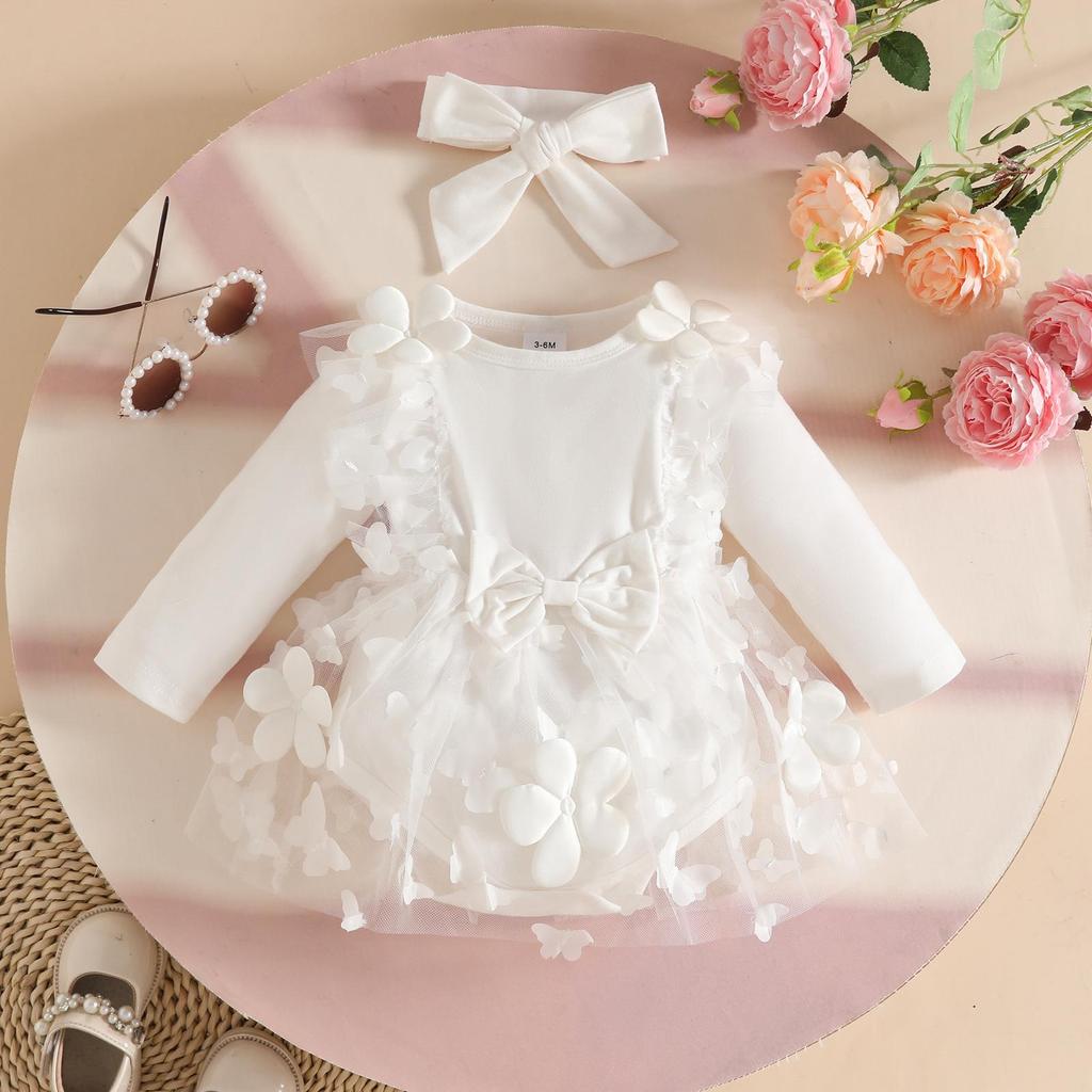 Newborn Baby Girl Applique Mesh Dress with Headband, Autumn/Winter Long Sleeve Knitted Fabric Splice
