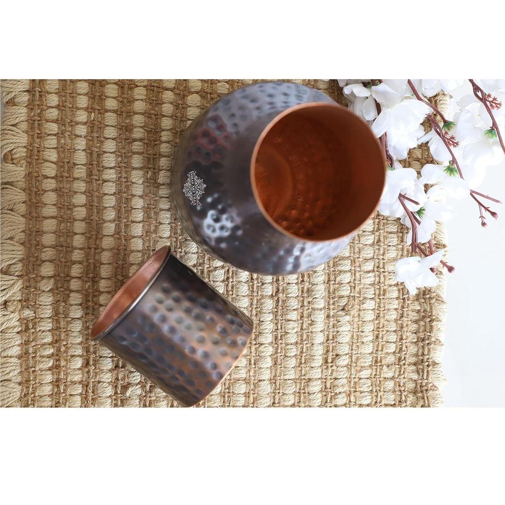 Copper Bedroom Water Bottle with Inbuilt Glass, Ghada Design, Hammered Antique Dark Finish - Drinkware & Storage Purpose, Volume 1530 Ml (Pack of 2)