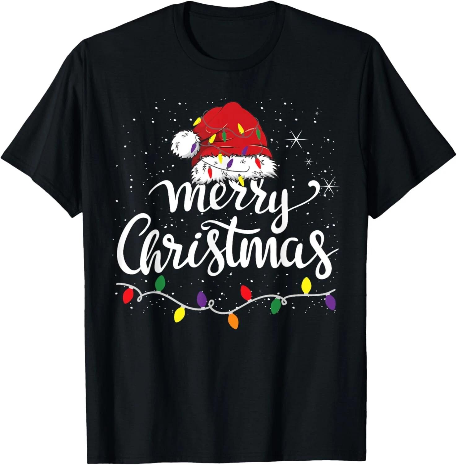 Merry Christmas Lights Red Santa Hat Xmas Family Men Women T- Shirt 4XL