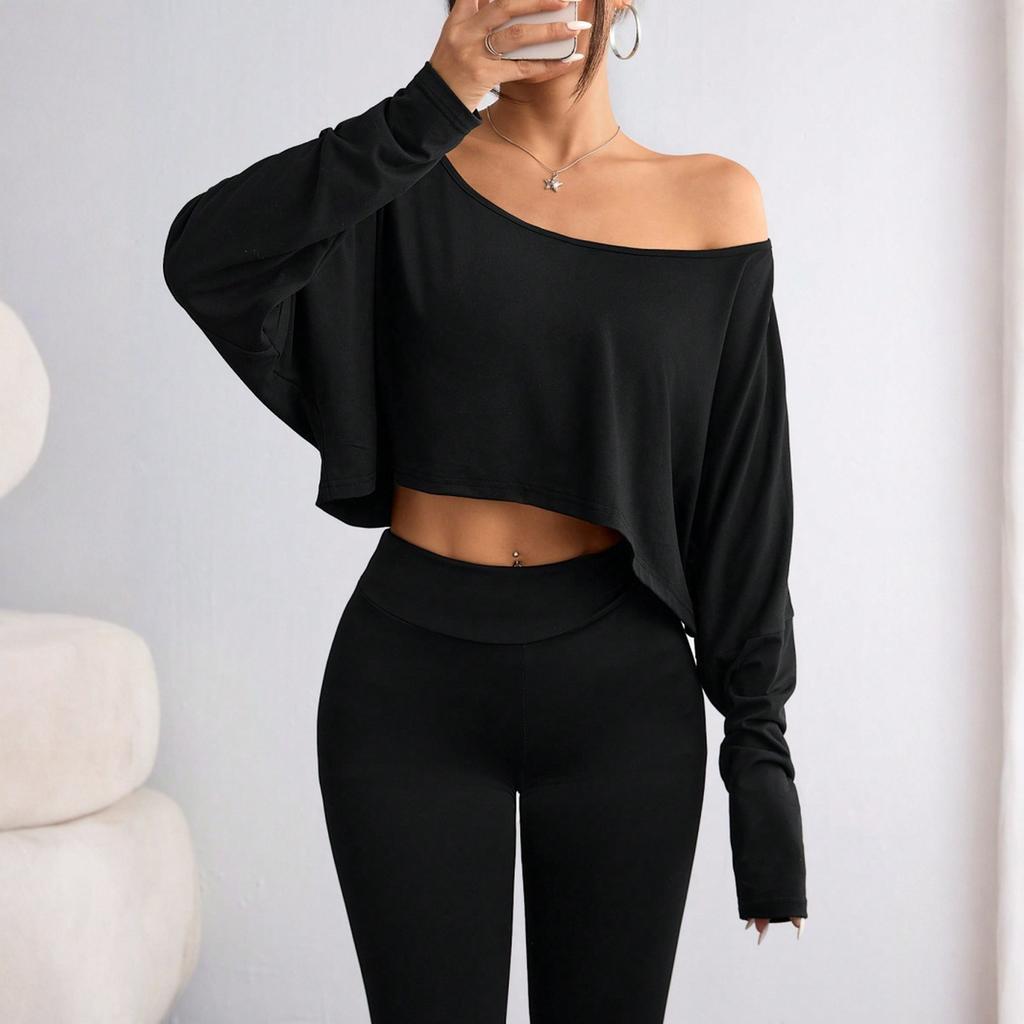 Damen Lässiges Mode Off-Shoulder Kurz Farbe Langärmeliges Oberteil