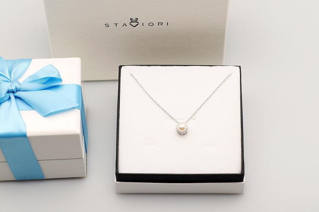 Silver Necklace with Natural Pearl and Cubic Zirconia