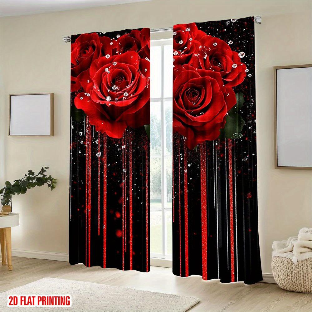 2Pcs Polyester Dimensional Red Roses Printing Window Curtains Birthday Party Decoration Backdrop Drapes for Living Room