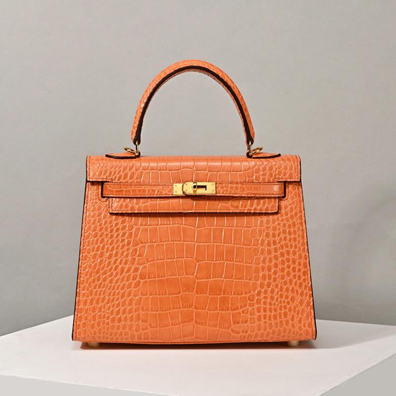 Matte Crocodile Pattern Genuine Leather Kelly Bag - Versatile Handbag, Shoulder, and Crossbody Style