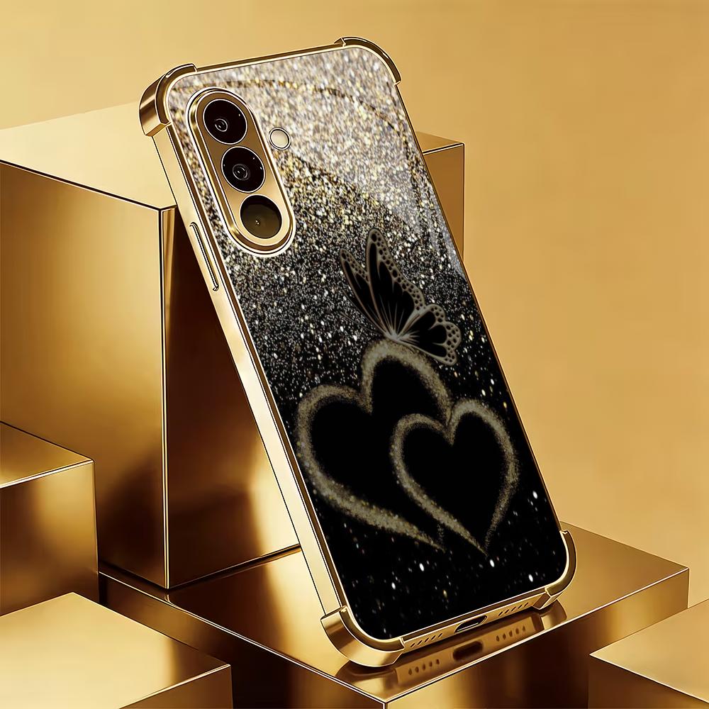 Goldene herzförmige Glas-Handyhülle geeignet für Samsung Galaxy S26 S25 S24 S23 S22 S20 FE/Ultra/Plus stoßfeste Rückabdeckung