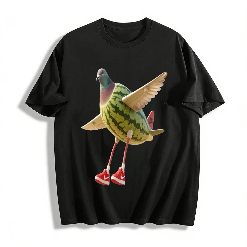 Funny Watermelon Pigeon Graphic Print Casual Short Sleeve T-Shirt Pure cotton T-shirt XXS