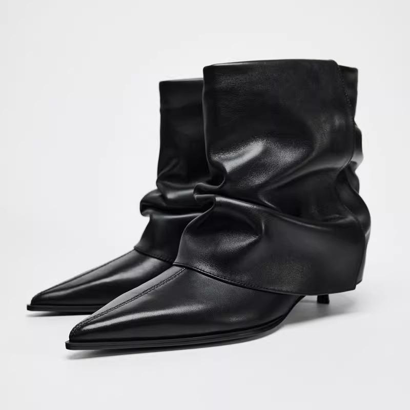 Czarne Szpiczaste Miękkie Skórzane Botki Damskie Modne Plisowane Na Niskim Obcasie Projektanta Buty 2026 Zima Nowe Botas Para Mujer