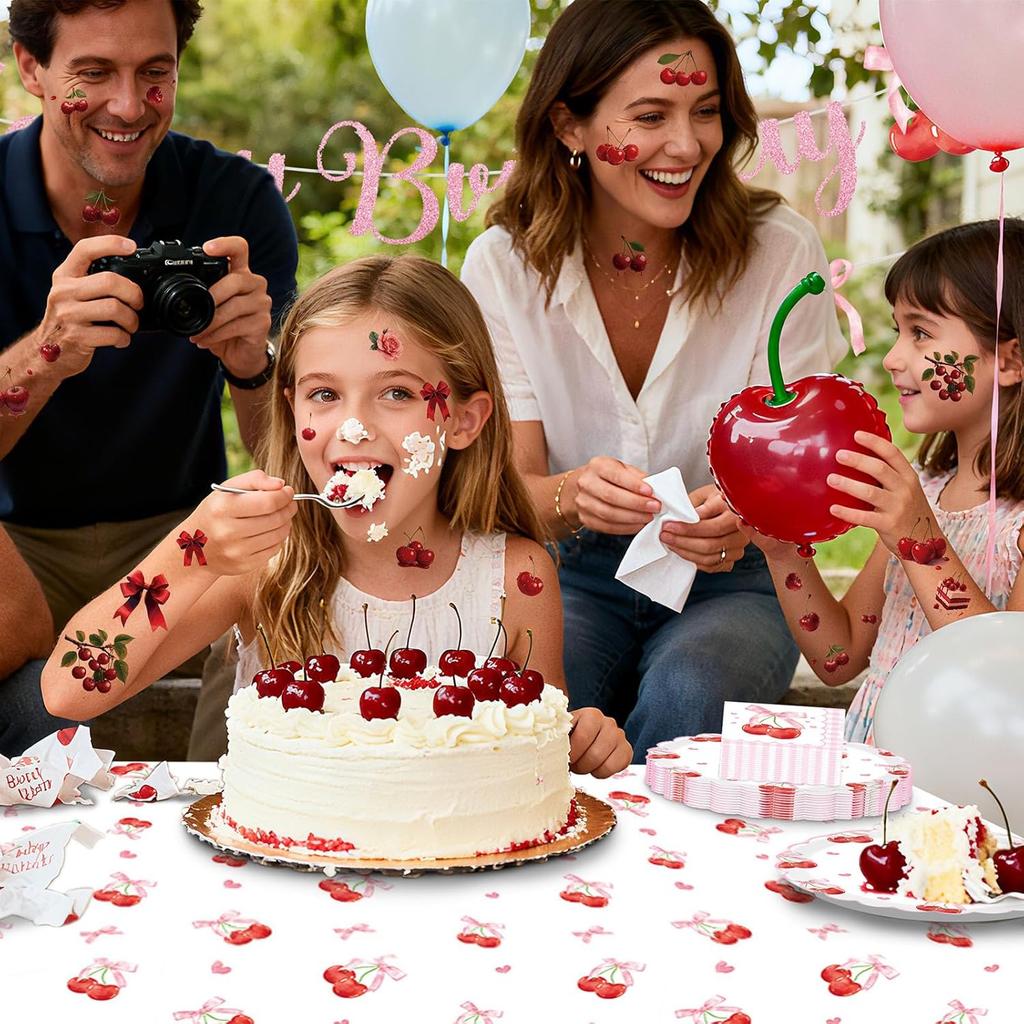 Cherry Party Decorations,Cherry Bow Birthday Banner Cherry Disposable Tablecloth Tattoo Stickers Fan-Shaped Cherry Bow Paper Plates with Napkin Sets