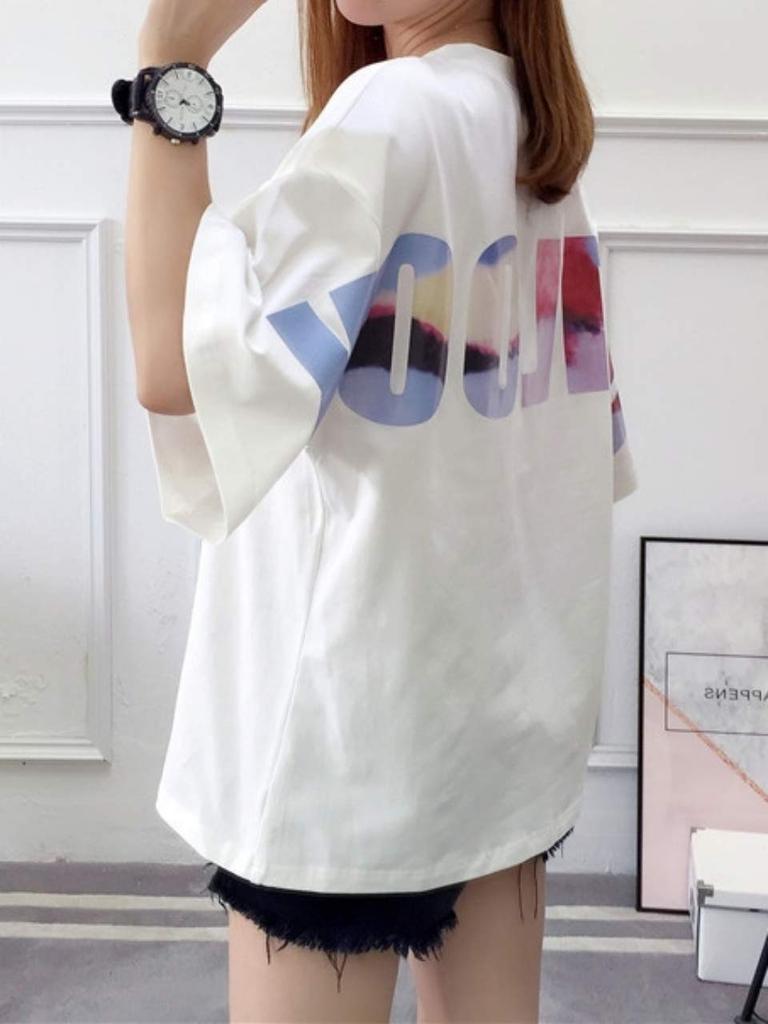 loose short back for long long cut and quick white [Bubu Ohana] T-shirt, fitting, casual, sleeves, print, women, spring, summer, autumn, winter,