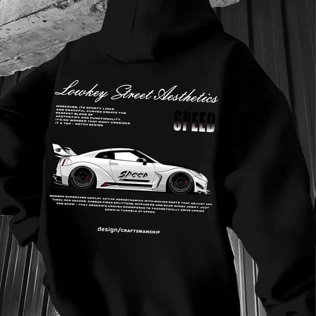 Retro Racing Print Hooded Hip Hop Pullover Sweatshirt - Loose BF Style Hoodie