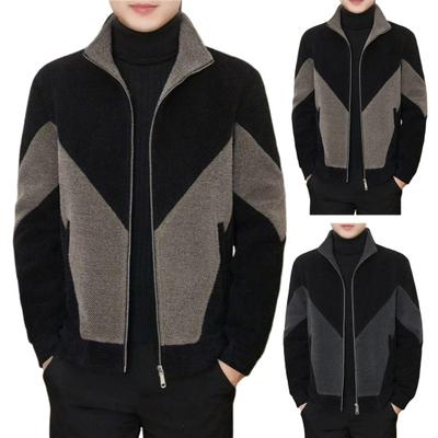 Yousheng Men Full Zipper Casual Jacket Color Matching Stand Collar Long Sleeve Knitting Coat with Pockets Autumn Winter Windproof Coat
