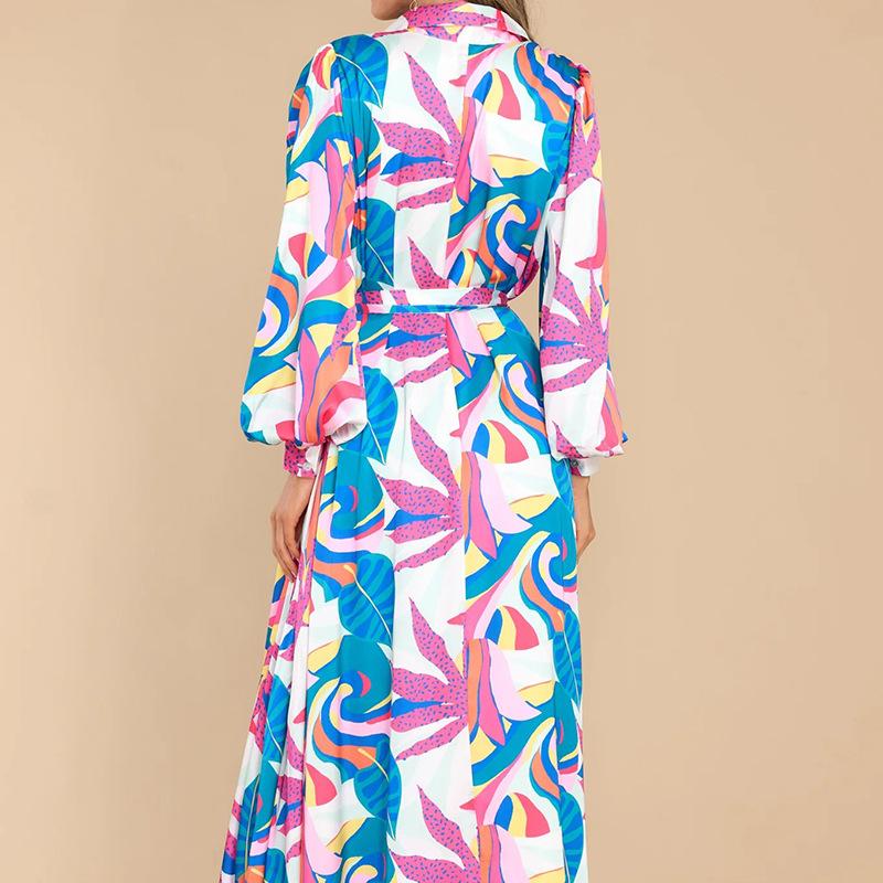 Spring and Summer Long-sleeved Contrasting Color Flower Lapel Elegant Printed Strap Dress for Women