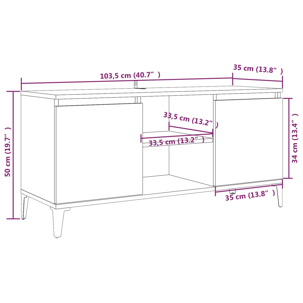TV Stand with Metal Legs Grey Sonoma 103.5 X 35 X 50 Cm