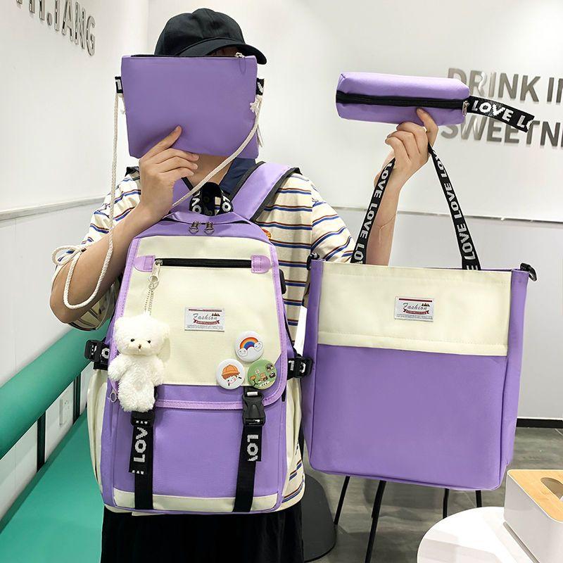 Fash Large-Capacity Primary School Junior High School Students Shoulders Backpack High School Five Sets of Multi-Compartment  Bag