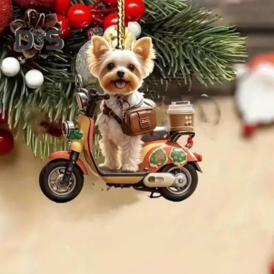 Decorazione natalizia Cucciolo che guida motocicletta Ciondolo in acrilico Albero di Natale Ornamento da appendere per la casa delle vacanze Decorazione per auto