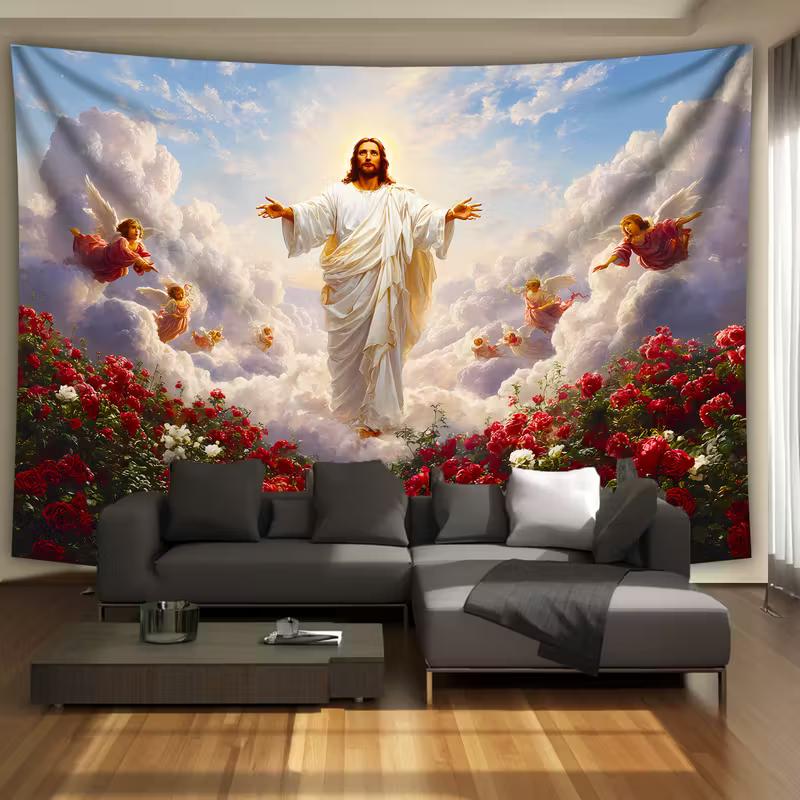 2D Christian Jesus Tapestry Religious Art Wall Hanging for Living Room