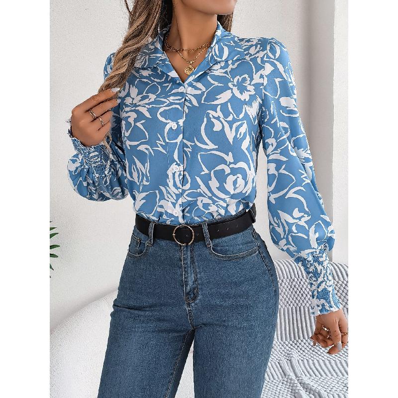 2026 Spring/Summer Elegant Contrast Color Floral Lantern Sleeve Turn-down Collar Shirt Casual Breathable Women's Top