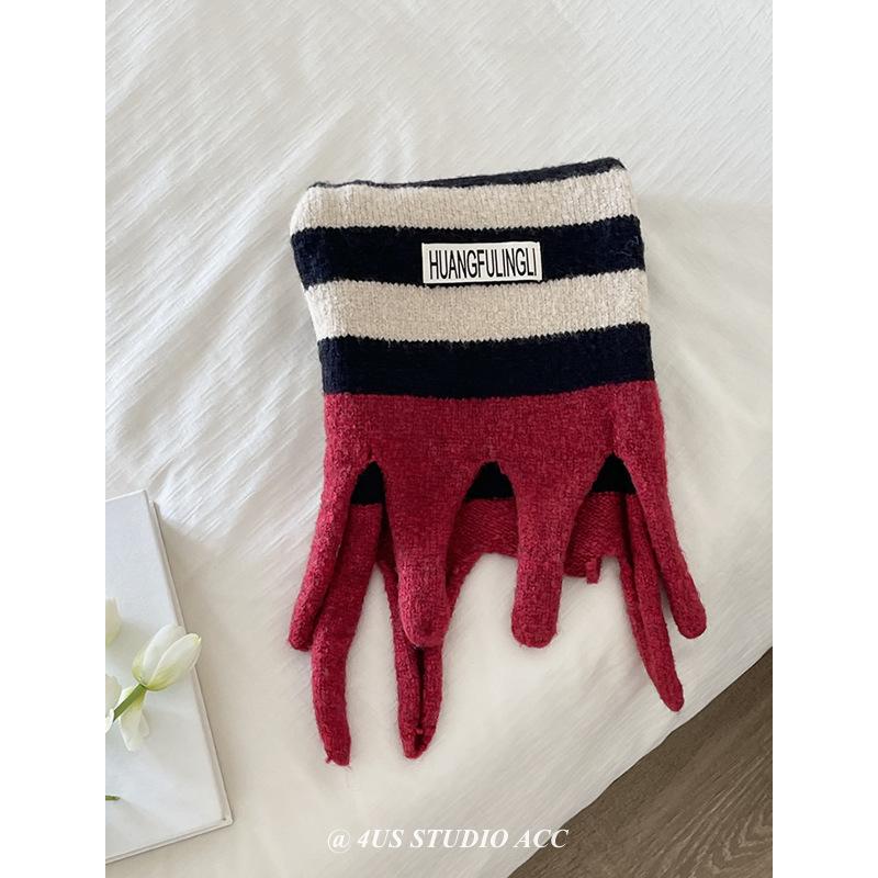 Korean Style Contrast Stripe College Style Wool Knitted Scarf for Women Winter New Warm and Versatile Large Tassel Scarf