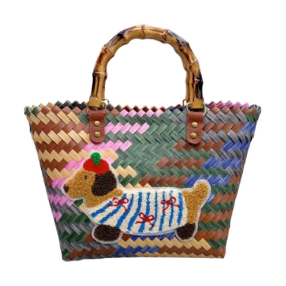Puppy Pattern Retro Striped Woven Bag Bamboo Handle Summer Women's Handbag  Casual Shopping