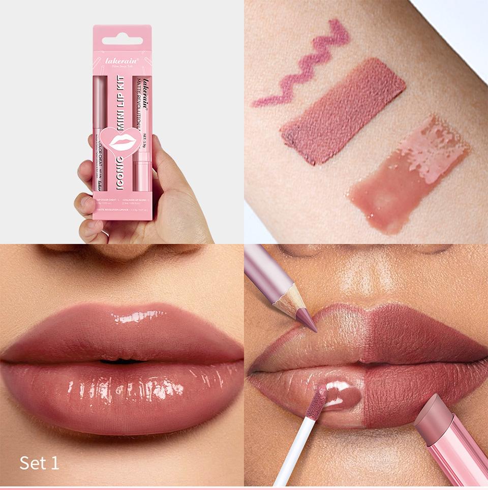 3-teiliges Lippen-Make-up-Set Lipliner Lipgloss Lippenstift Spiegeleffekt Beep Lips Hohe Farbe Lang anhaltend Spendet Feuchtigkeit Reise-Mini-Set