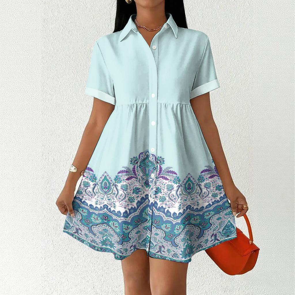 Casual Loose Fit Shirt Dress for Women Button Front Short Sleeve Collared Dress with Printed Hemline Border Design