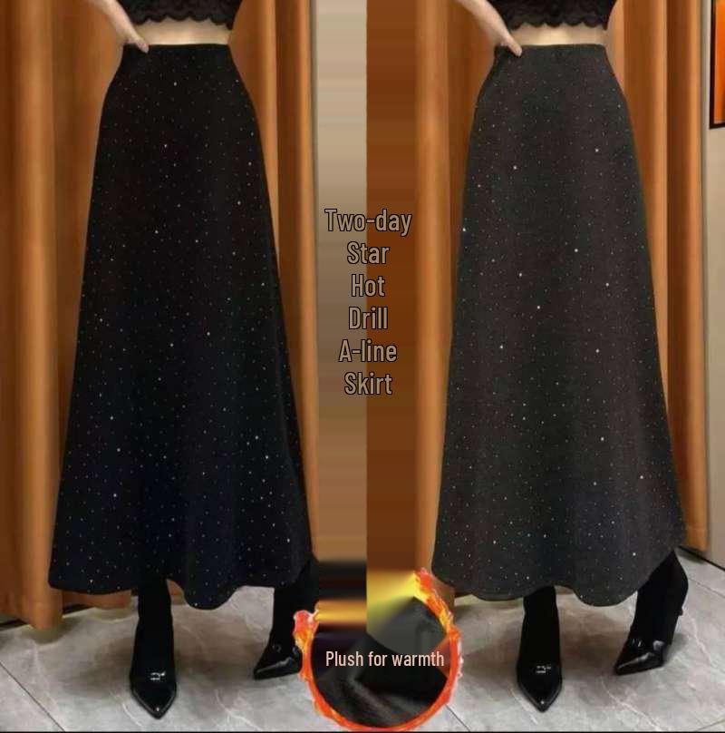 Premium Rhinestone High-Waisted A-Line Fishtail Skirt - Women's Autumn Winter Fashion