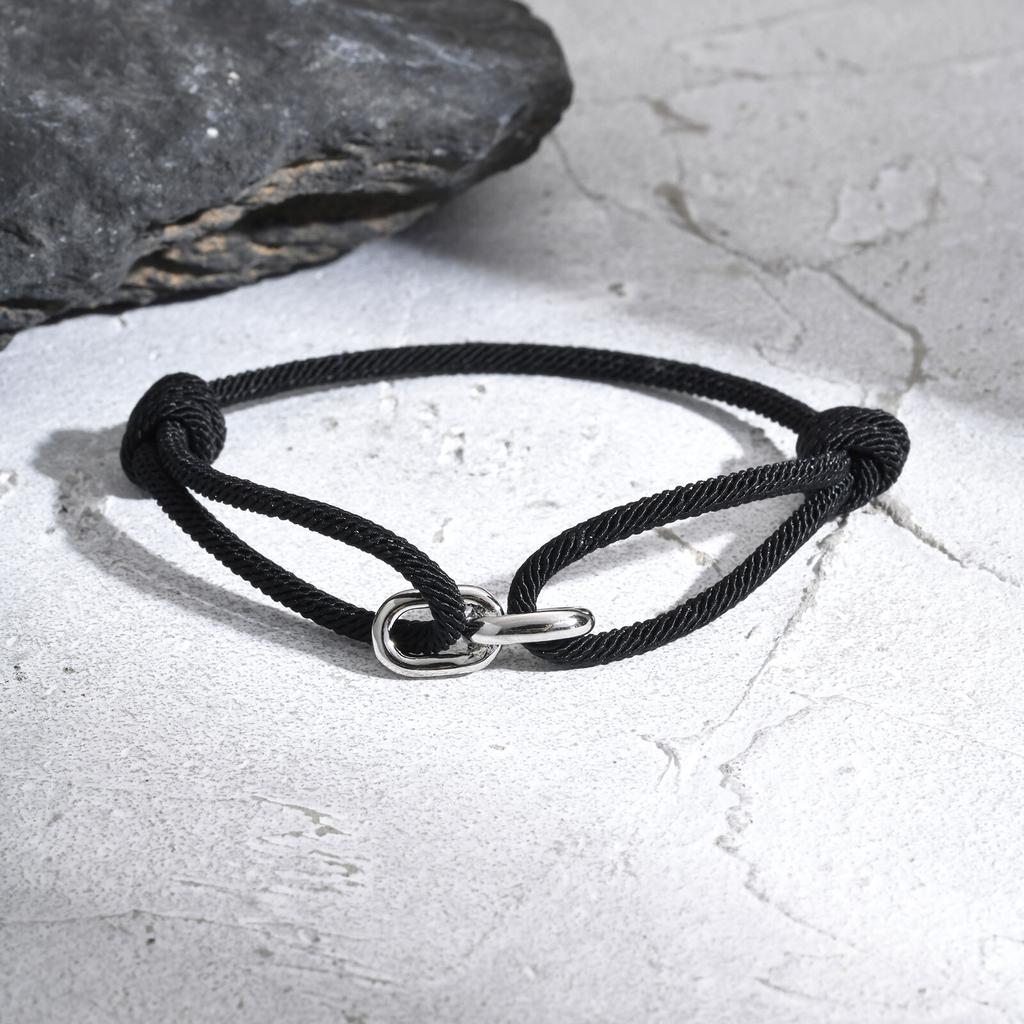 Black Milan Rope Bracelet for Men,Stainless Steel Double Ring Adjustable Bracelet,Trendy Jewelry Gift