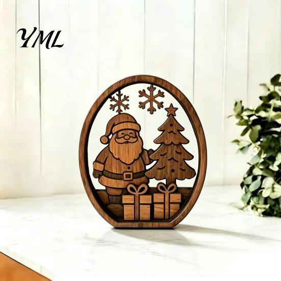 Christmas Wooden Ornaments 3Pcs Santa Claus And Tree Ornaments, Oval Table Natural Wood Crafts Centerpiece, Solid Desktop Ornament for Home