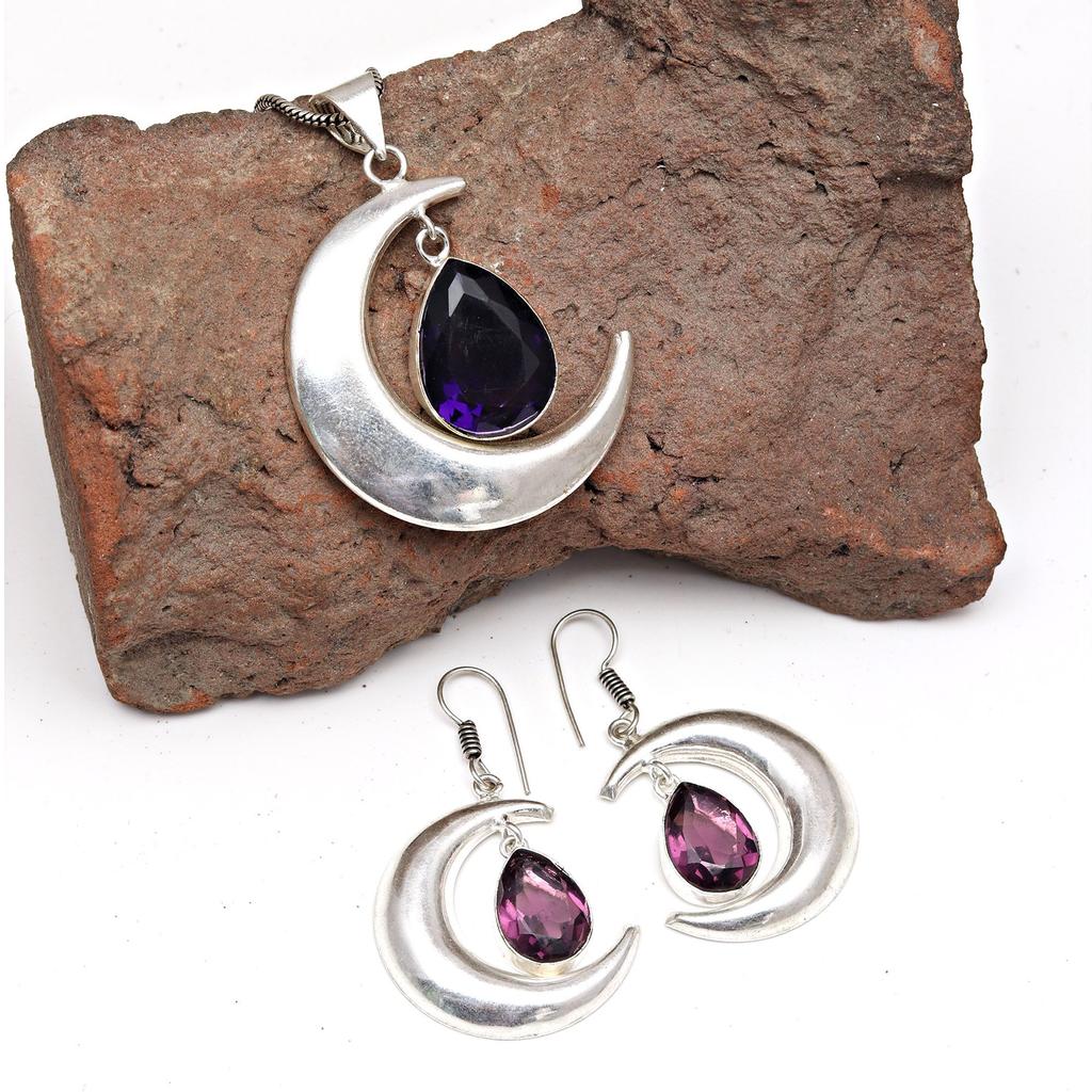 Set Amethyst Anhänger Ohrringe Mädchen Ohrring Halskette Sterling