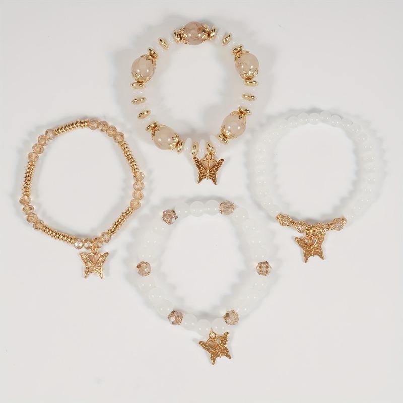 4Pcs Bohemian Butterfly Beaded Bracelets, Crystal Zinc Alloy Pendant, Ladies Daily Party Jewelry