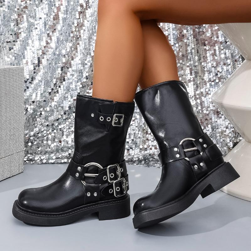 Fashion Four Seasons Platform Single Boots Women's Fashion Round Toe Studded Metal Buckle Block Heel Mid-leg Boots