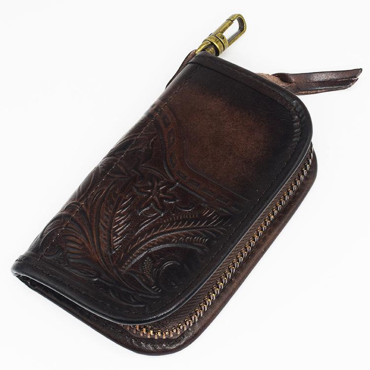 Layered Tree Ointment Leather Embossing Creative Car Intelligent Remote Control Key Bag Driver's License Card Slot Vegetable Tanned Leather