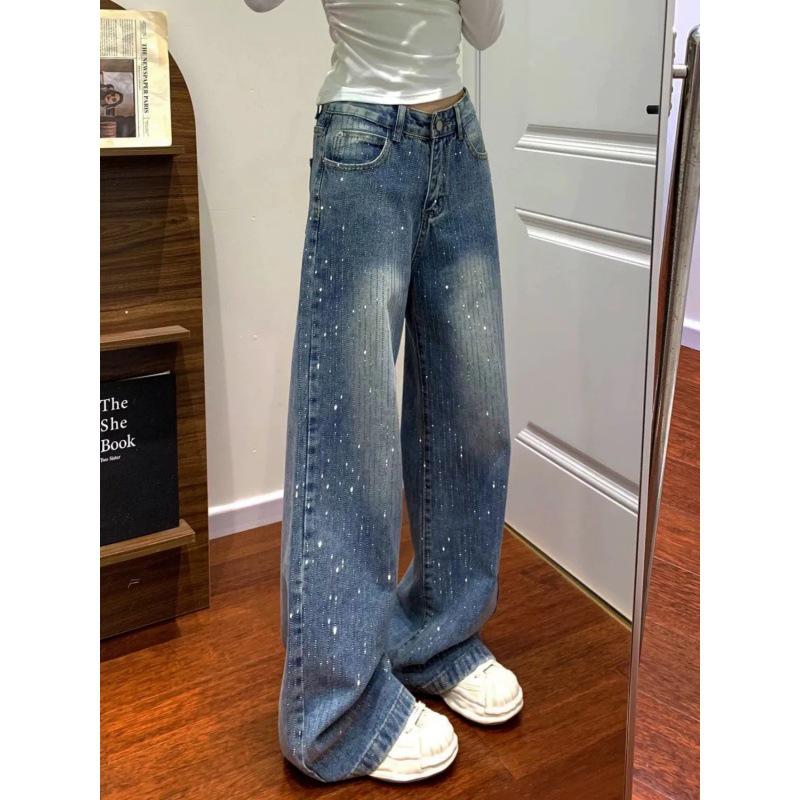 Hong Kong Retro Washed Denim Jeans - Women s High Waist Starry Rhinestone Straight-Leg Pants Extra Large