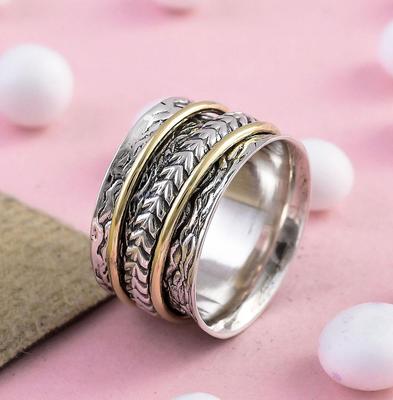 Mixed Metal Band, Handmade Ring, Meditation Jewelry, Valentine's Day Gift, Gift For Her, Textured Thumb Spinner Ring, 925 Sterling Silver Ring,