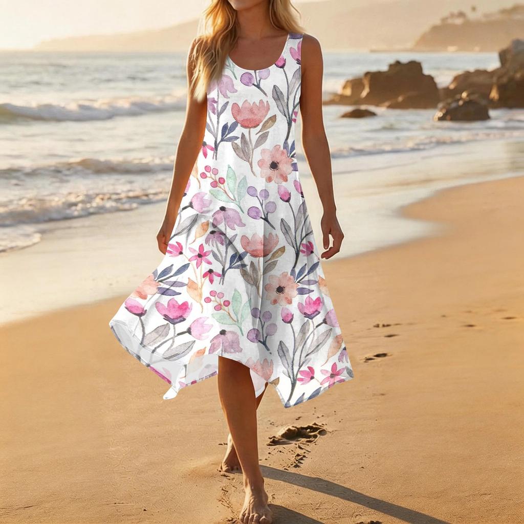 Sleeveless Floral Print Midi Dress for Women Lightweight A Line Summer Sundress Casual Scoop Neck Flowy Hem