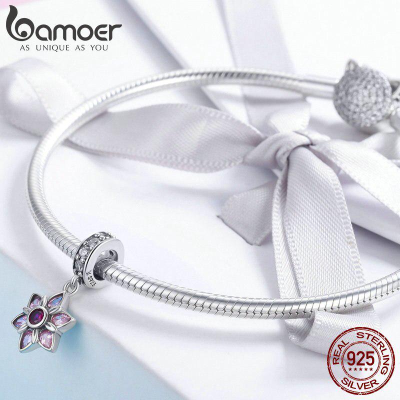 BAMOER 100% 925 Sterling Silver Pendant Pink Crystal Spring Flower Pink CZ Charm Fit Charm Bracelet