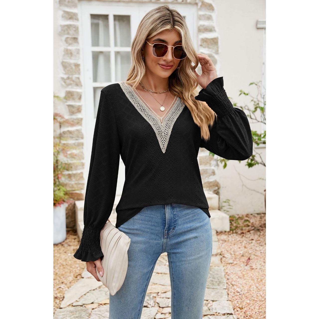 

GMXIA Autumn Winter Solid Color Lace Splicing V-neck Long Sleeve Loose T-shirt Top XXL чёрный