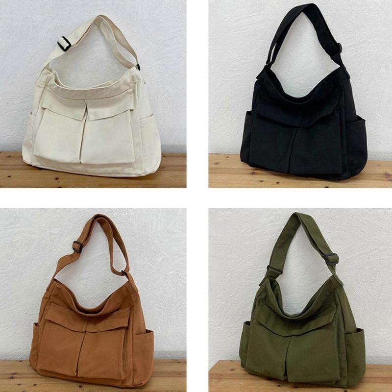 Large Capacity Canvas Tote Bag with Multi Pockets Crossbody Handbag Shoulder Bags School Messenger Bag for Women Men White less