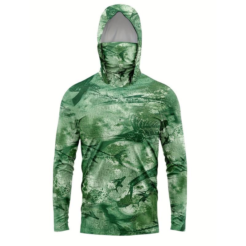 Mens Long Sleeve UV Protection Fishing Shirt With Hood Face Cover Quick Dry Breathable Outdoor Wear
